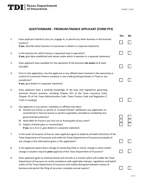 Form FIN165 (PF3)  Printable Pdf
