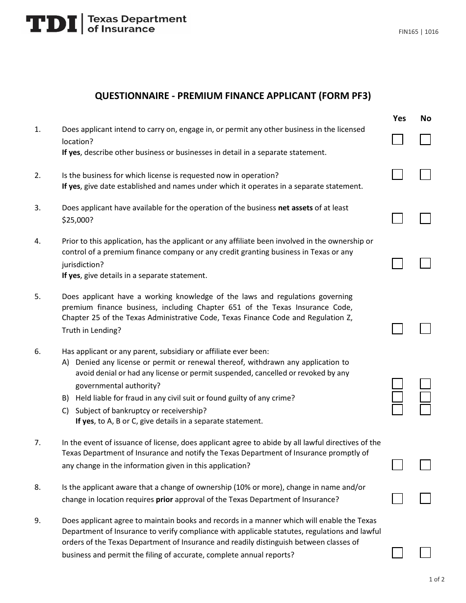 Form FIN165 (PF3) Questionnaire - Premium Finance Applicant - Texas, Page 1