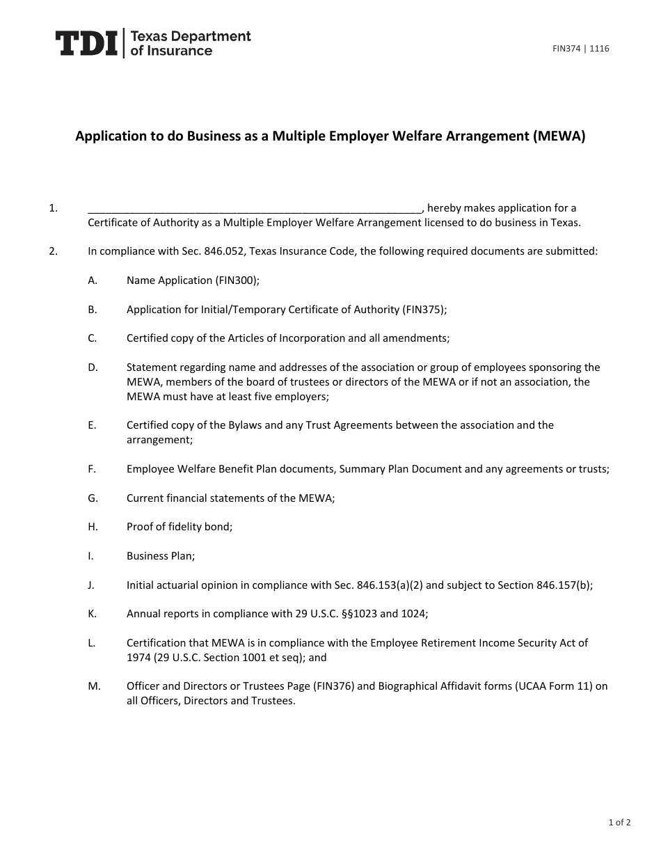 Form FIN374 Application to Do Business as a Multiple Employer Welfare Arrangement (Mewa) - Texas, Page 1