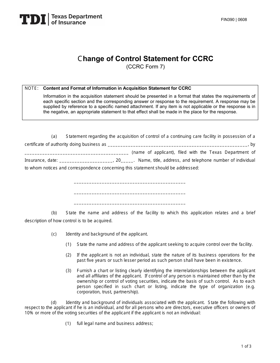 Form FIN390 (CCRC Form 7) Change of Control Statement for Ccrc - Texas, Page 1