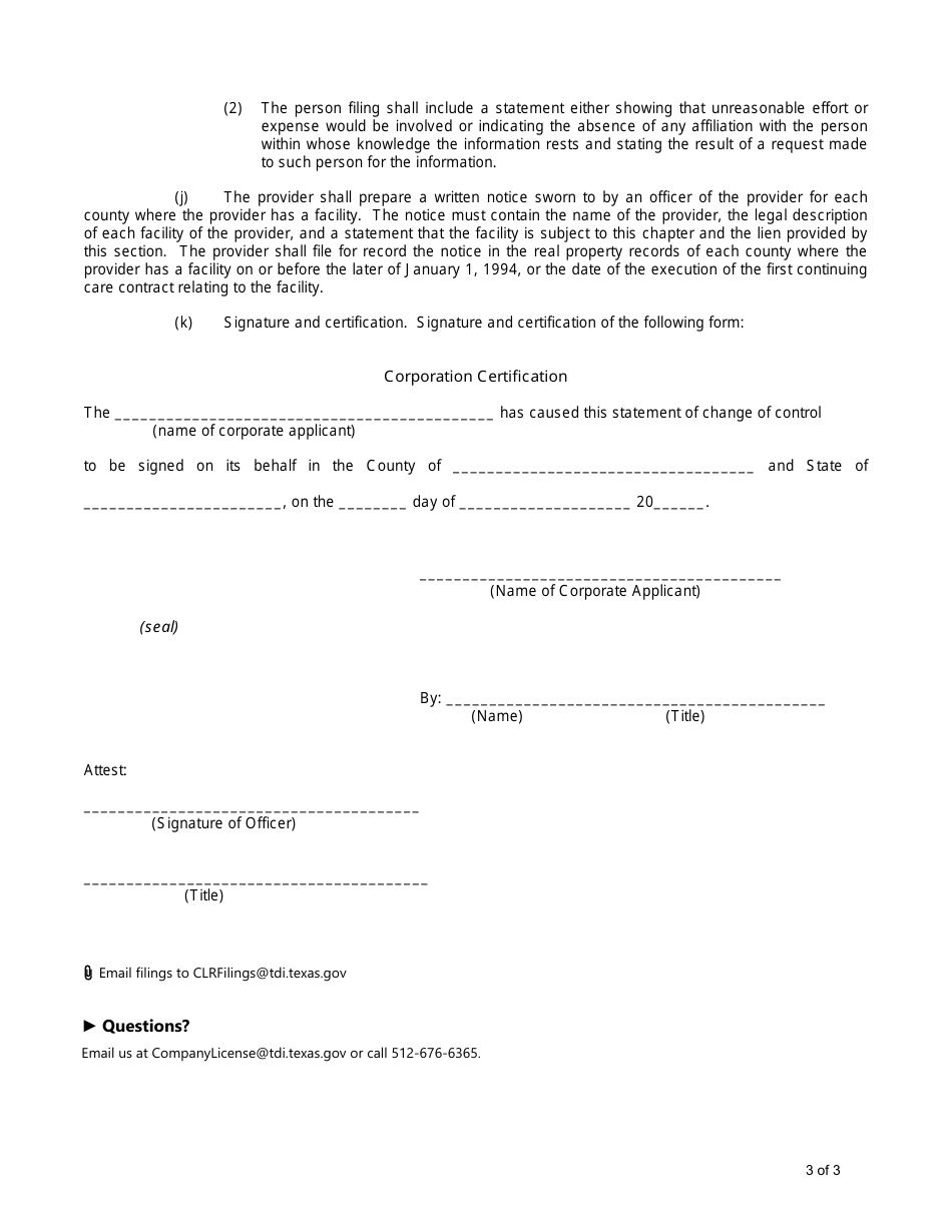 Form FIN390 (CCRC Form 7) Change of Control Statement for Ccrc - Texas, Page 3
