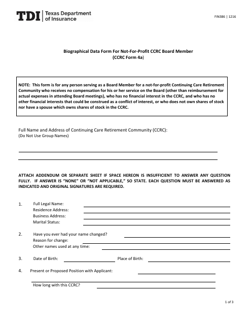 Form FIN386 (CCRC Form 4A)  Printable Pdf