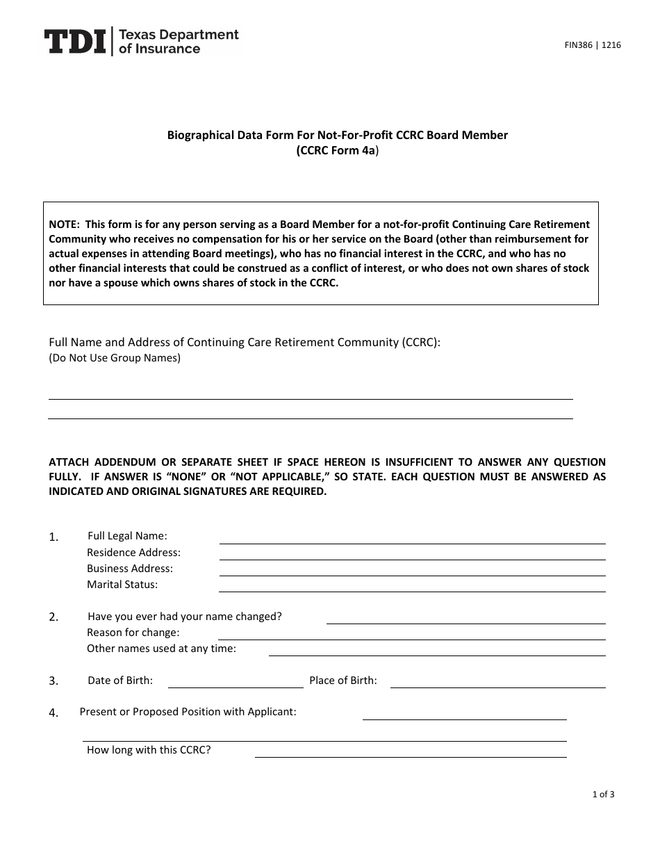 Form FIN386 (CCRC Form 4A) Biographical Data Form for Not-For-Profit Ccrc Board Member - Texas, Page 1