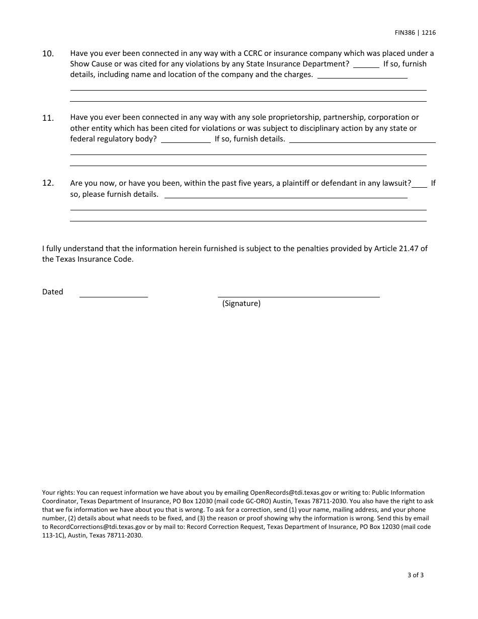 Form FIN386 (CCRC Form 4A) Biographical Data Form for Not-For-Profit Ccrc Board Member - Texas, Page 3