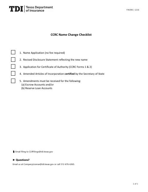 Form FIN398 Ccrc Name Change Checklist - Texas