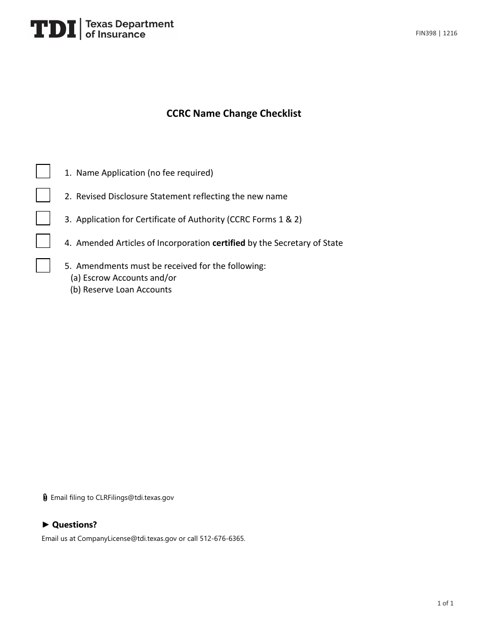 Form FIN398 Ccrc Name Change Checklist - Texas, Page 1
