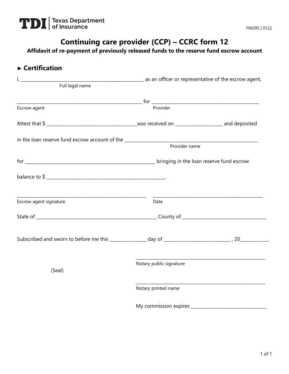Form 12 Form FIN395 (CCRC Form 12) - Fill Out, Sign Online and Download ...