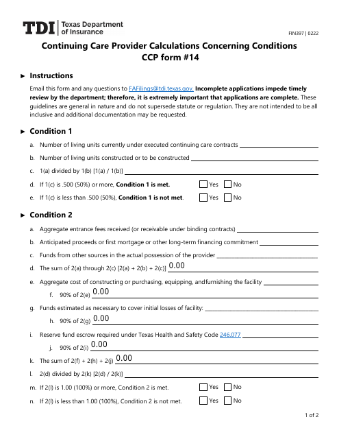Form FIN397 (CCP Form 14) Continuing Care Provider Calculations Concerning Conditions - Texas