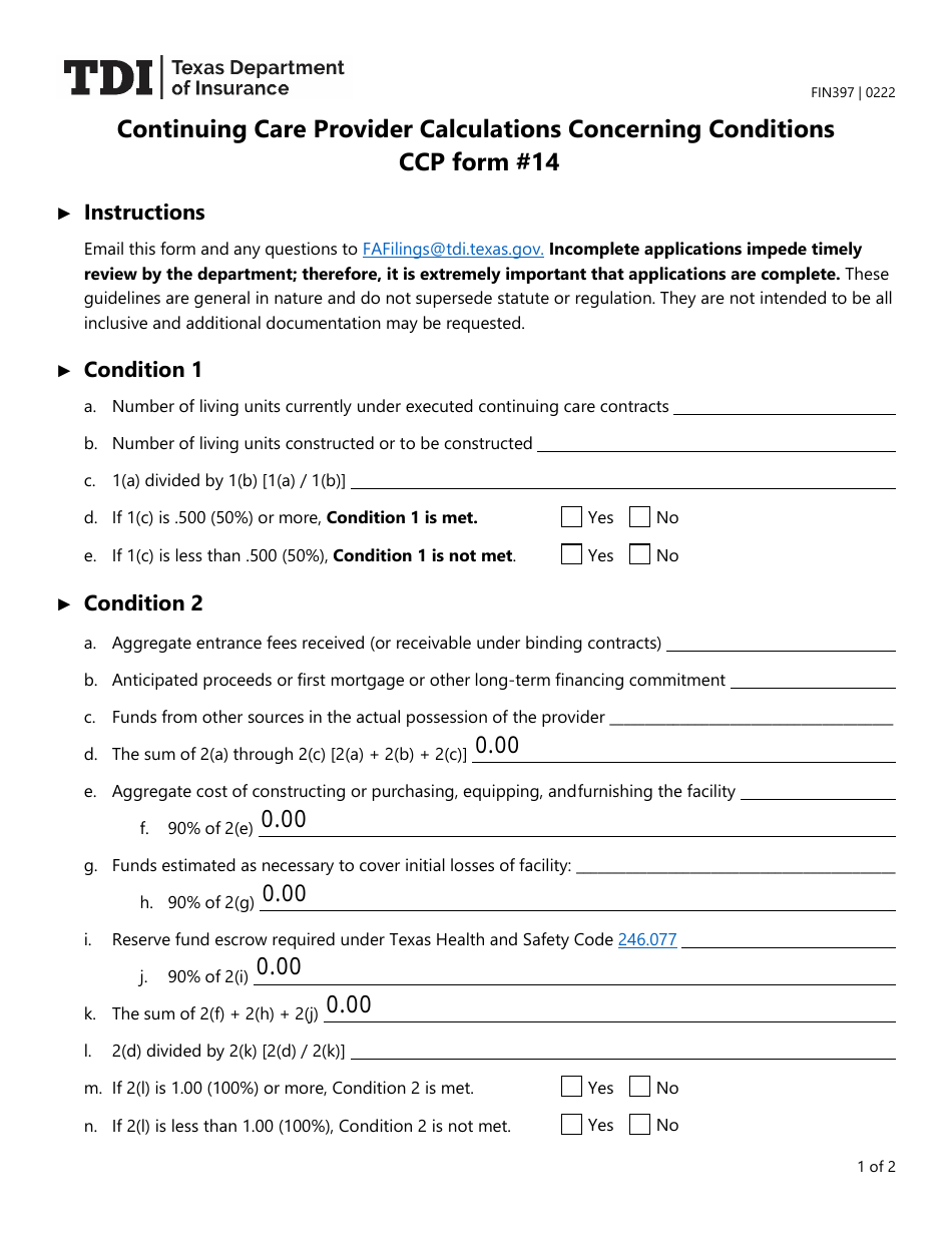 Form FIN397 (CCP Form 14) Continuing Care Provider Calculations Concerning Conditions - Texas, Page 1