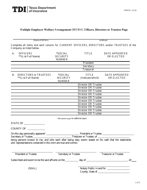 Form FIN376 Multiple Employer Welfare Arrangement (Mewa) Officers, Directors or Trustees Page - Texas