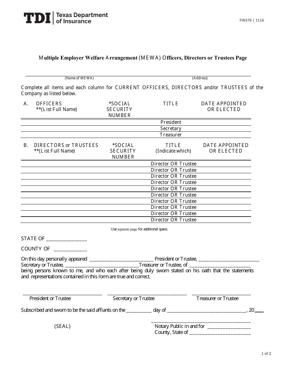Form FIN376 Multiple Employer Welfare Arrangement (Mewa) Officers, Directors or Trustees Page - Texas, Page 1