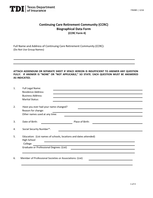 Form FIN385 (CCRC Form 4)  Printable Pdf