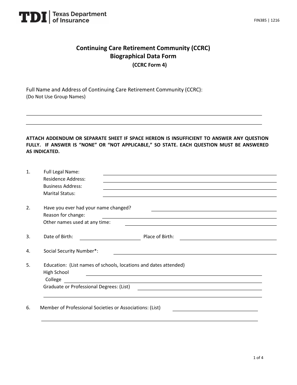 Form FIN385 (CCRC Form 4) Biographical Data Form - Texas, Page 1