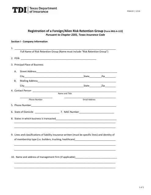 Form FIN419 (RRG-A-122) Registration of a Foreign/Alien Risk Retention Group - Texas