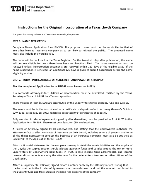 Form FIN368 Instructions for the Original Incorporation of a Texas Lloyds Company - Texas