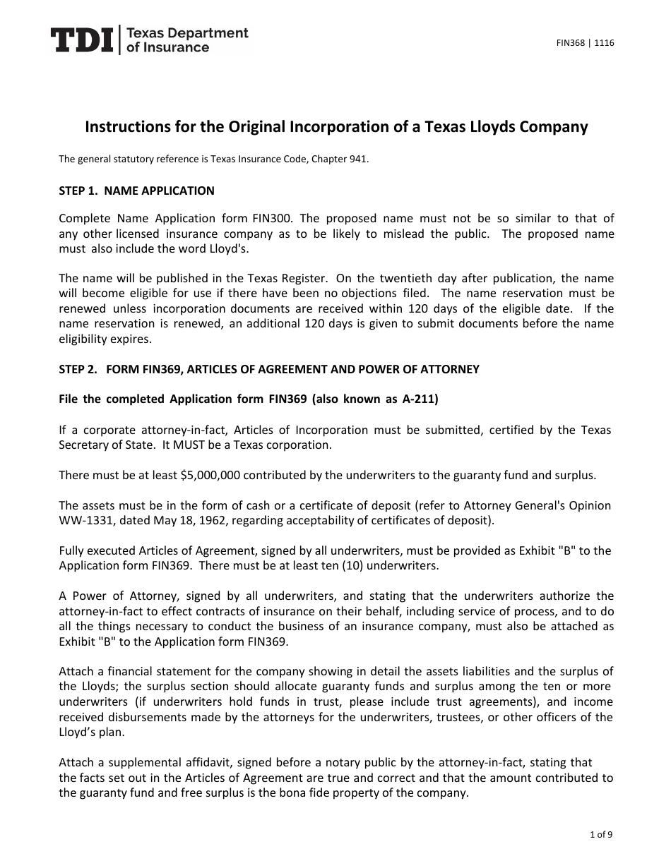 Form FIN368 Instructions for the Original Incorporation of a Texas Lloyds Company - Texas, Page 1