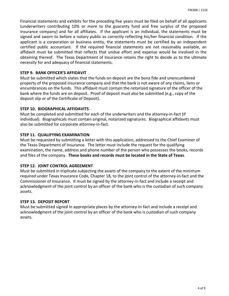 Form FIN368 Instructions for the Original Incorporation of a Texas Lloyds Company - Texas, Page 4