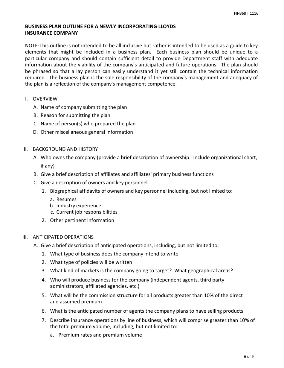 Form FIN368 Instructions for the Original Incorporation of a Texas Lloyds Company - Texas, Page 6