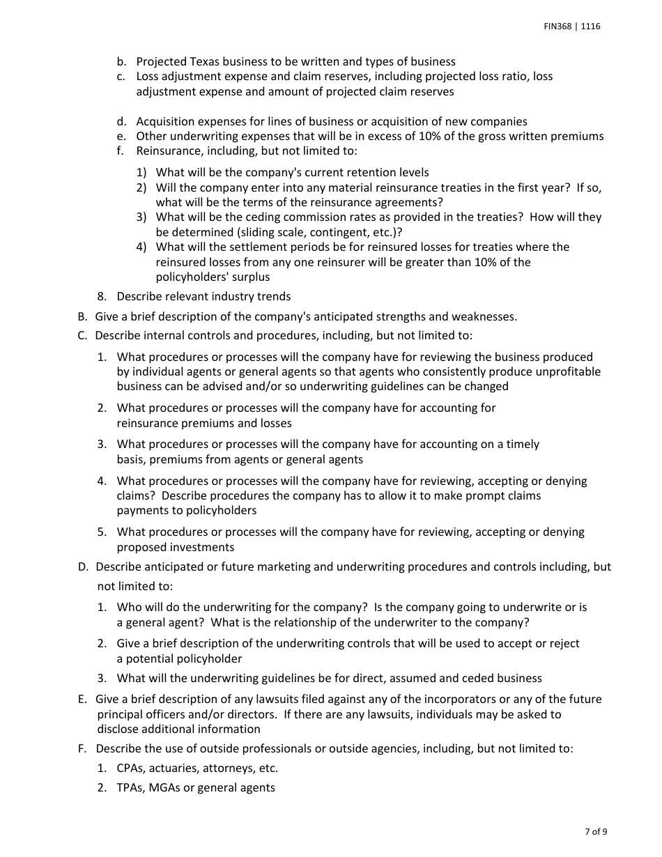 Form FIN368 Instructions for the Original Incorporation of a Texas Lloyds Company - Texas, Page 7