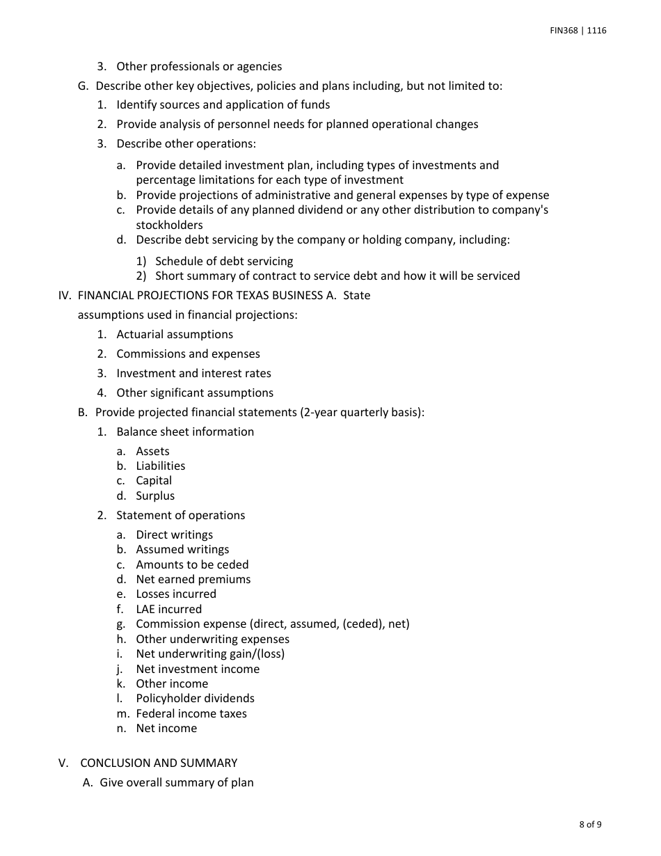Form FIN368 Instructions for the Original Incorporation of a Texas Lloyds Company - Texas, Page 8