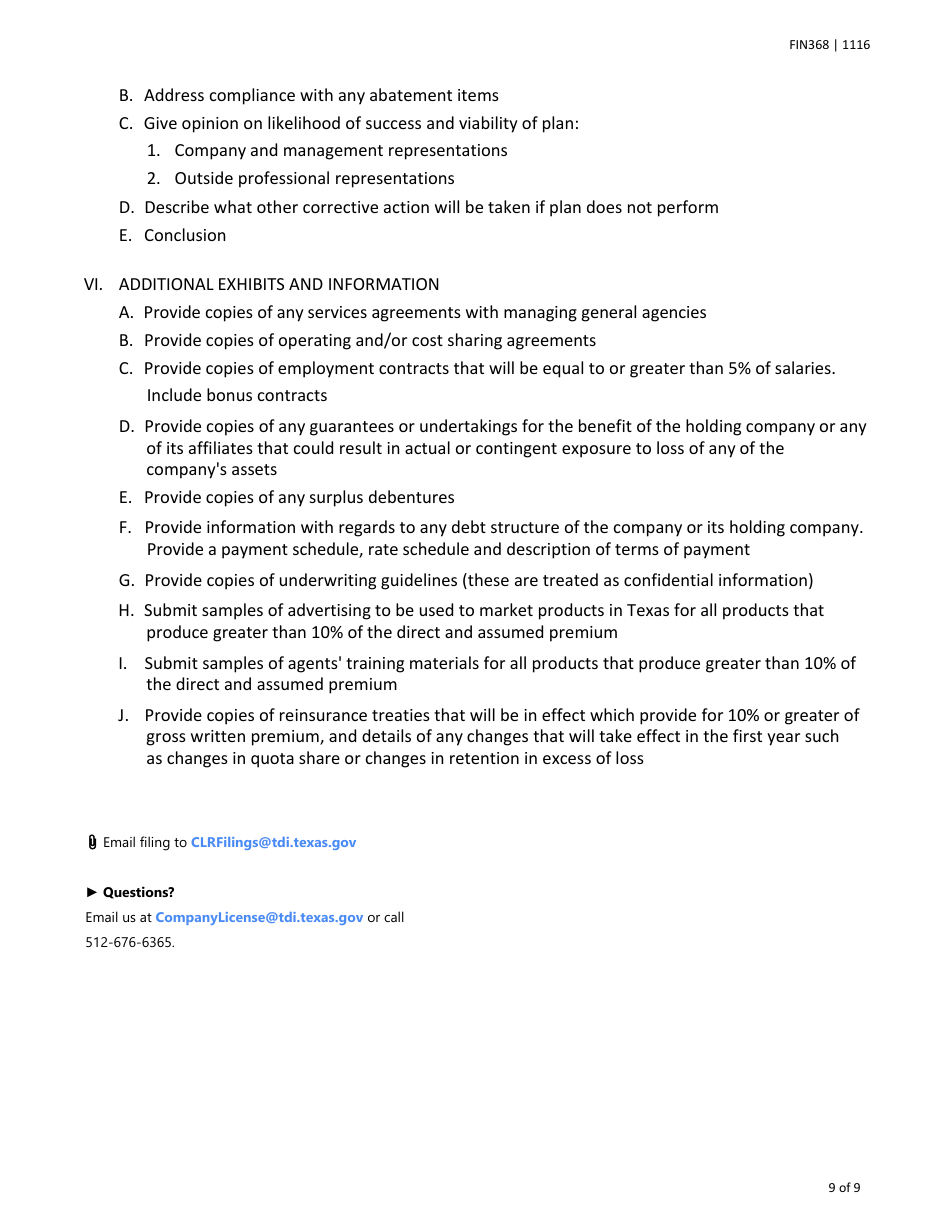 Form FIN368 Instructions for the Original Incorporation of a Texas Lloyds Company - Texas, Page 9