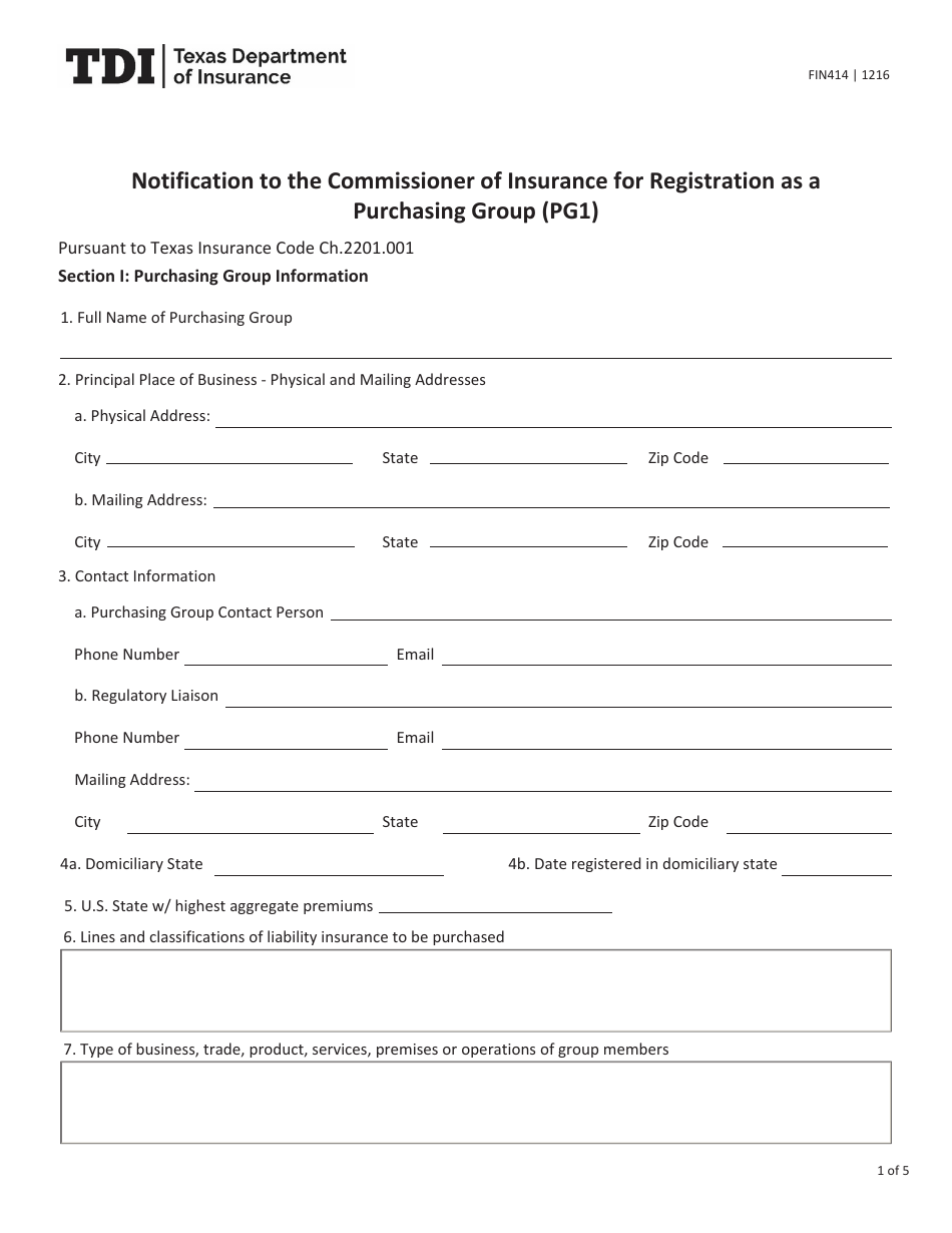 Form FIN414 (PG1) Notification to the Commissioner of Insurance for Registration as a Purchasing Group - Texas, Page 1