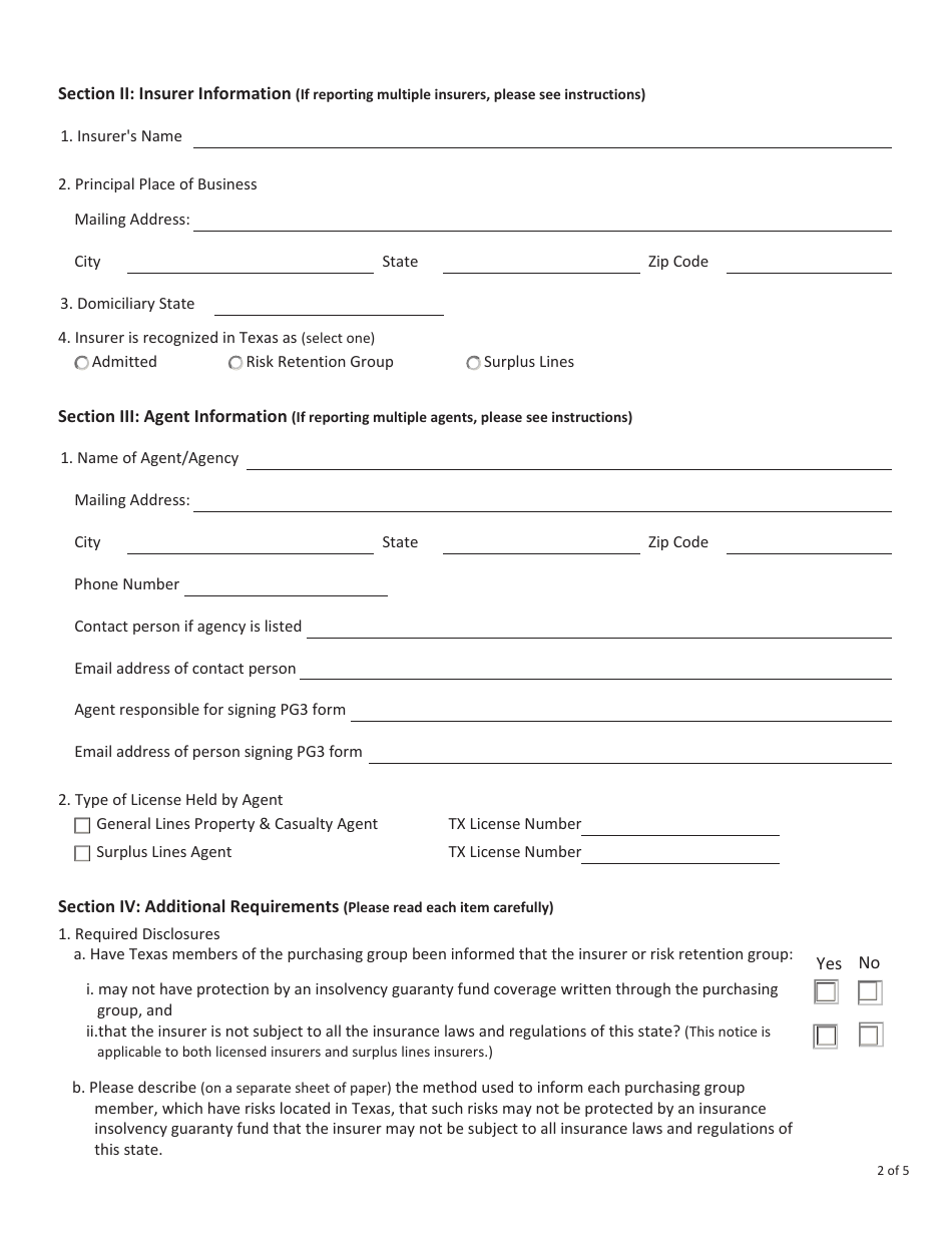 Form FIN414 (PG1) Notification to the Commissioner of Insurance for Registration as a Purchasing Group - Texas, Page 2