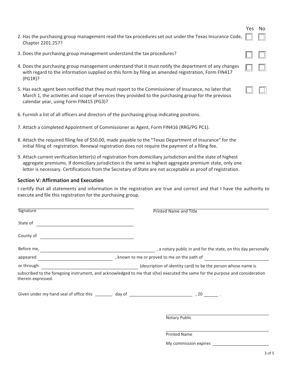 Form FIN414 (PG1) Notification to the Commissioner of Insurance for Registration as a Purchasing Group - Texas, Page 3
