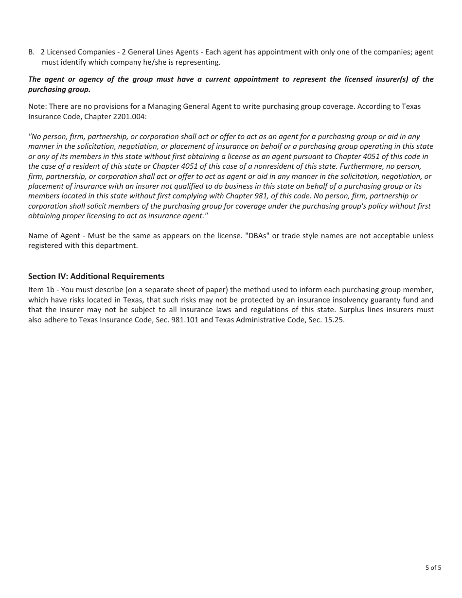 Form FIN414 (PG1) Notification to the Commissioner of Insurance for Registration as a Purchasing Group - Texas, Page 5