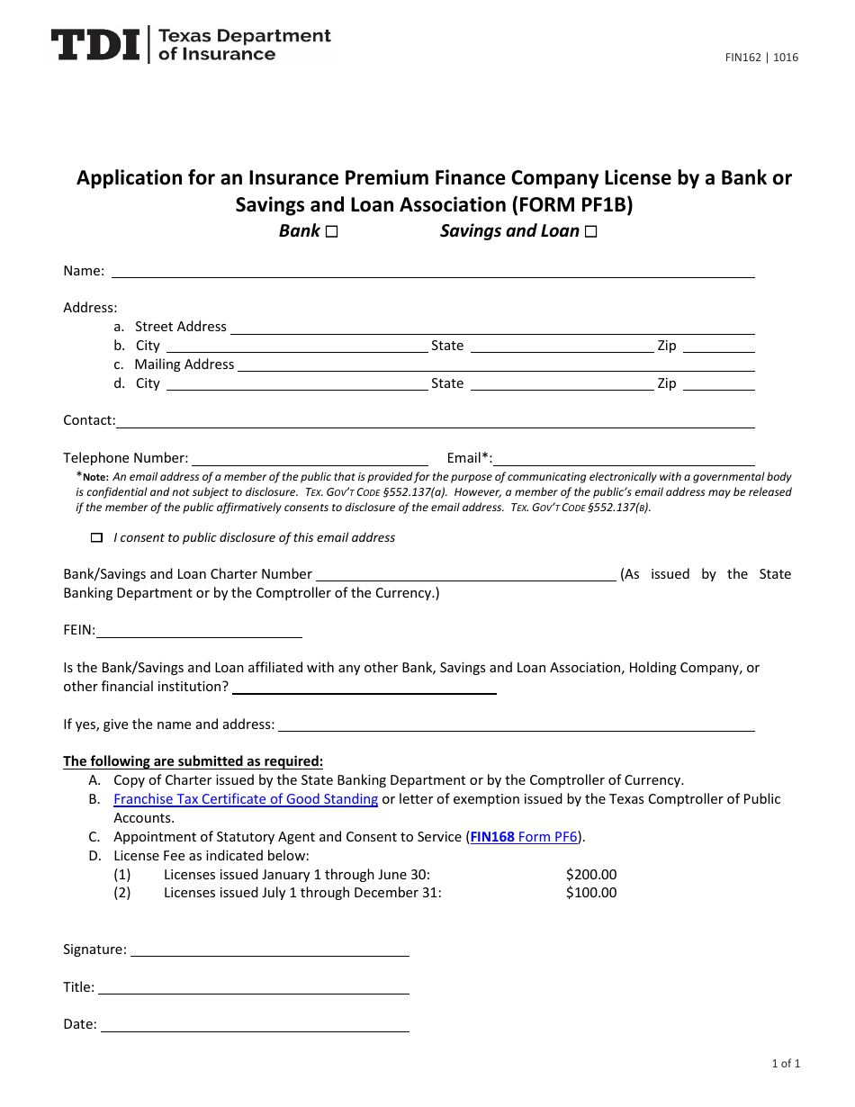 Form FIN162 (PF1B) Application for an Insurance Premium Finance Company License by a Bank or Savings and Loan Association - Texas, Page 1