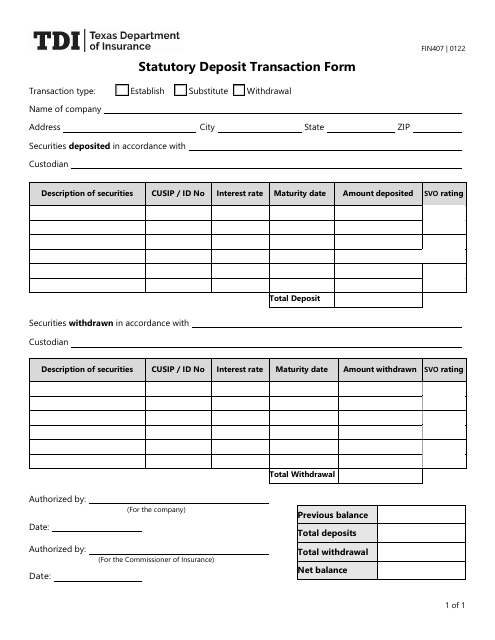 Form FIN407 Statutory Deposit Transaction Form - Texas