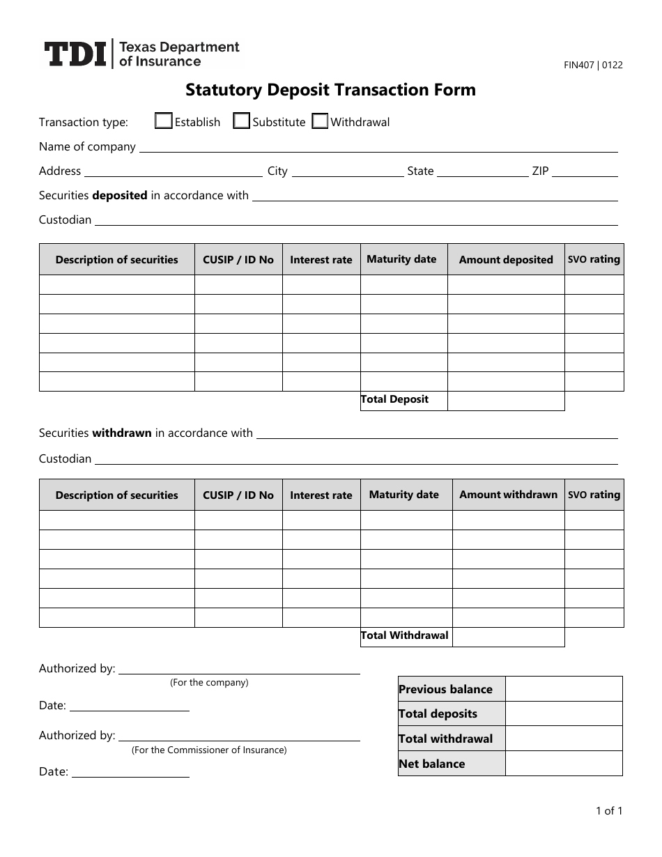 Form FIN407 Statutory Deposit Transaction Form - Texas, Page 1