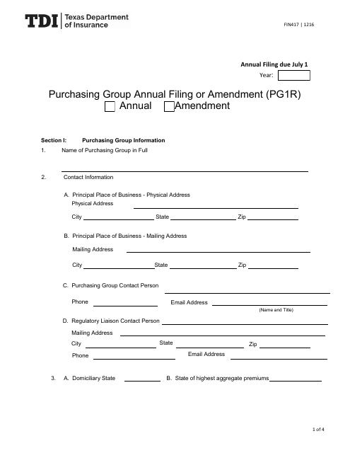 Form FIN417 (PG1R) Purchasing Group Annual Filing or Amendment - Texas