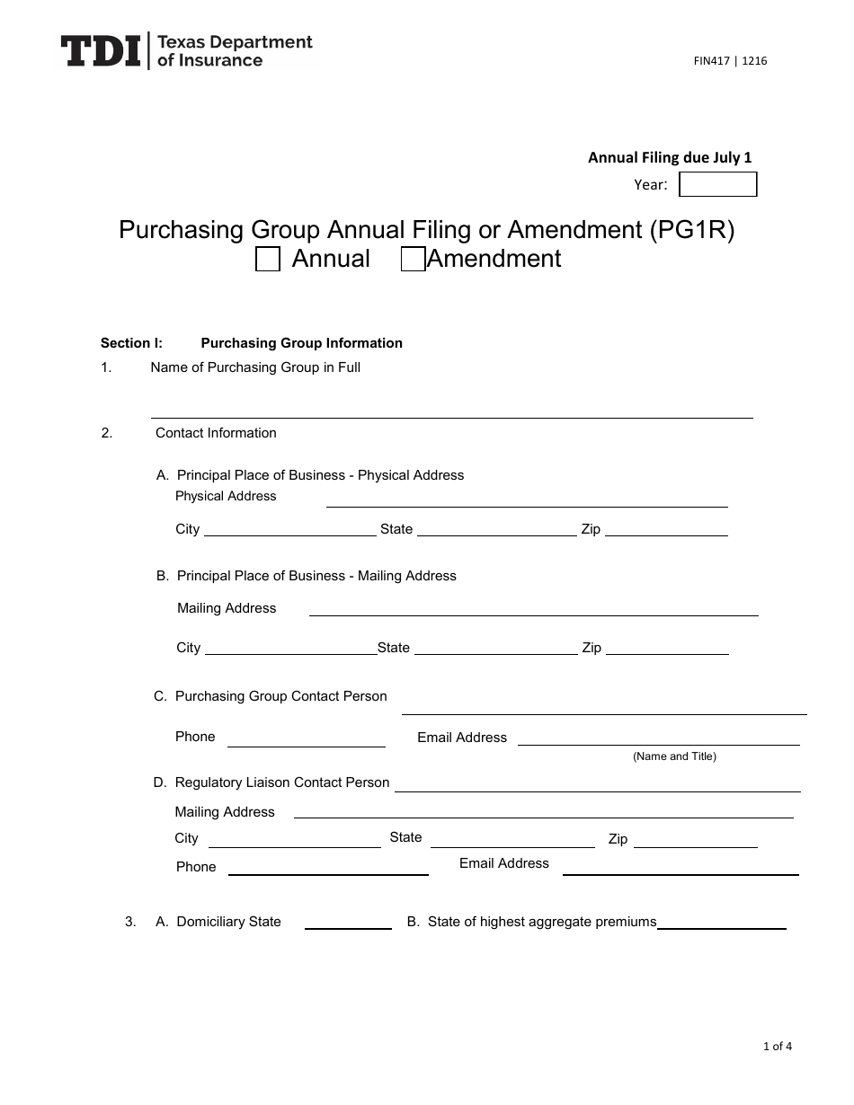 Form FIN417 (PG1R) Purchasing Group Annual Filing or Amendment - Texas, Page 1