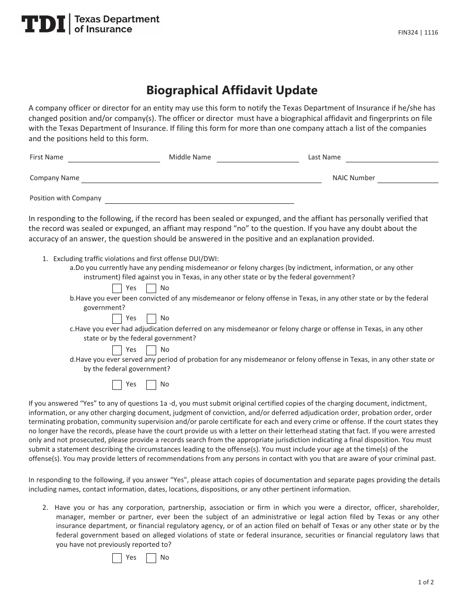 Form FIN324 Biographical Affidavit Update - Texas, Page 1
