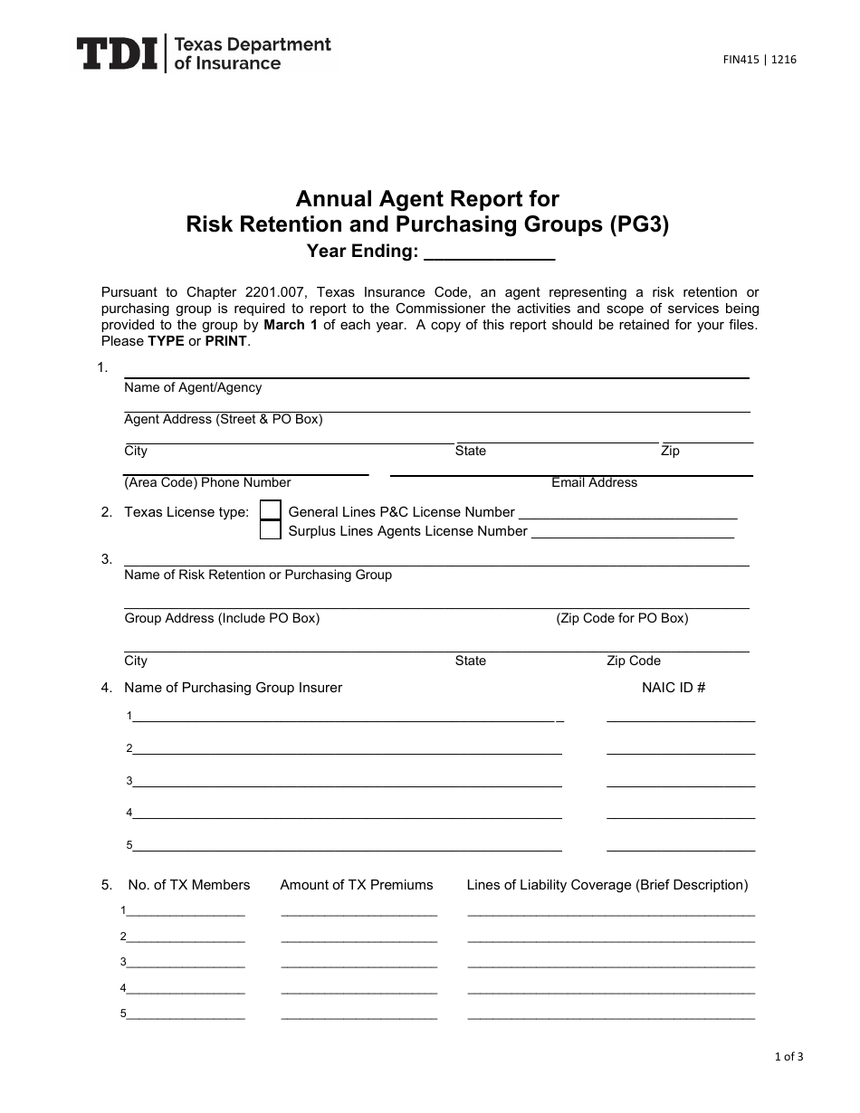 Form FIN415 (PG3) Annual Agent Report for Risk Retention and Purchasing Groups - Texas, Page 1