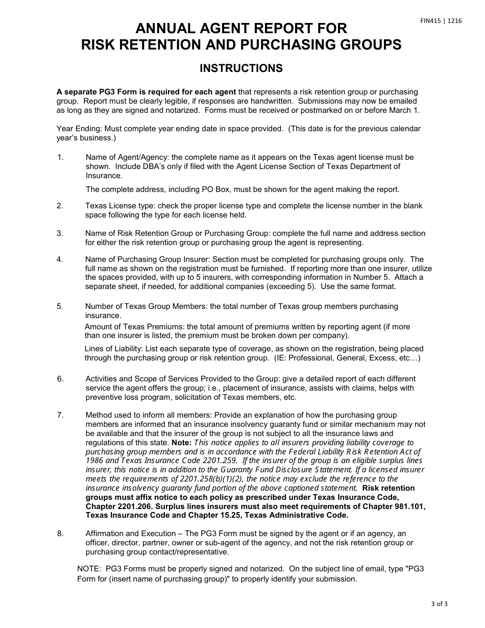 Form FIN415 (PG3) Annual Agent Report for Risk Retention and Purchasing Groups - Texas, Page 3