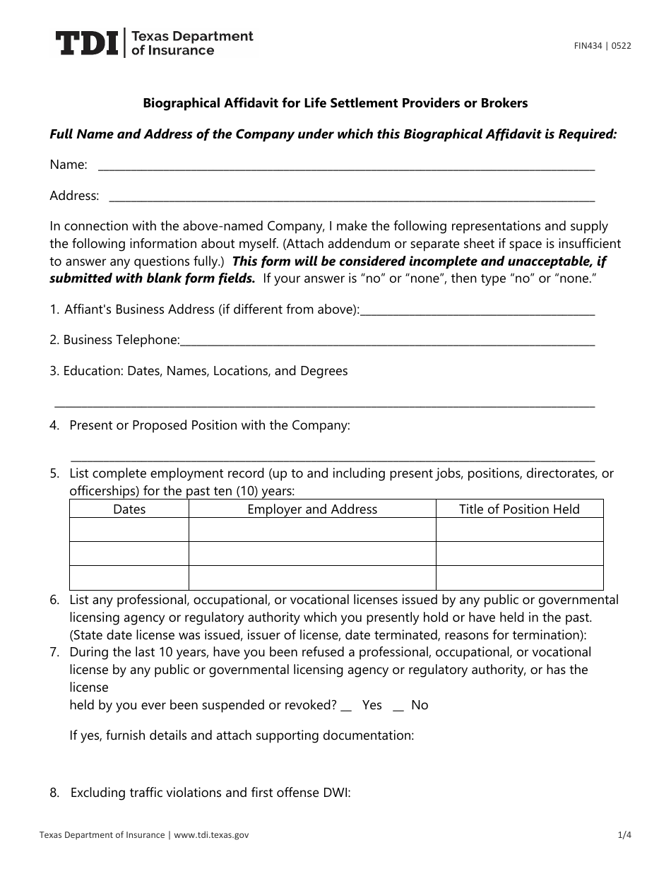 Form FIN434 Biographical Affidavit for Life Settlement Providers or Brokers - Texas, Page 1