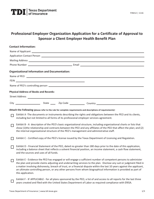 Form FIN412 Professional Employer Organization Application for a Certificate of Approval to Sponsor a Client Employer Health Benefit Plan - Texas
