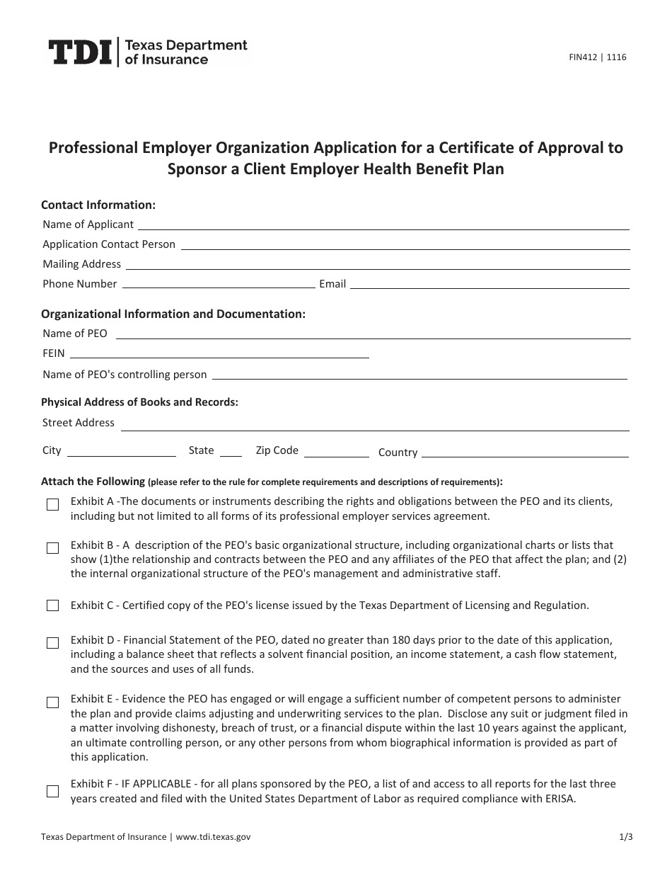 Form FIN412 Professional Employer Organization Application for a Certificate of Approval to Sponsor a Client Employer Health Benefit Plan - Texas, Page 1