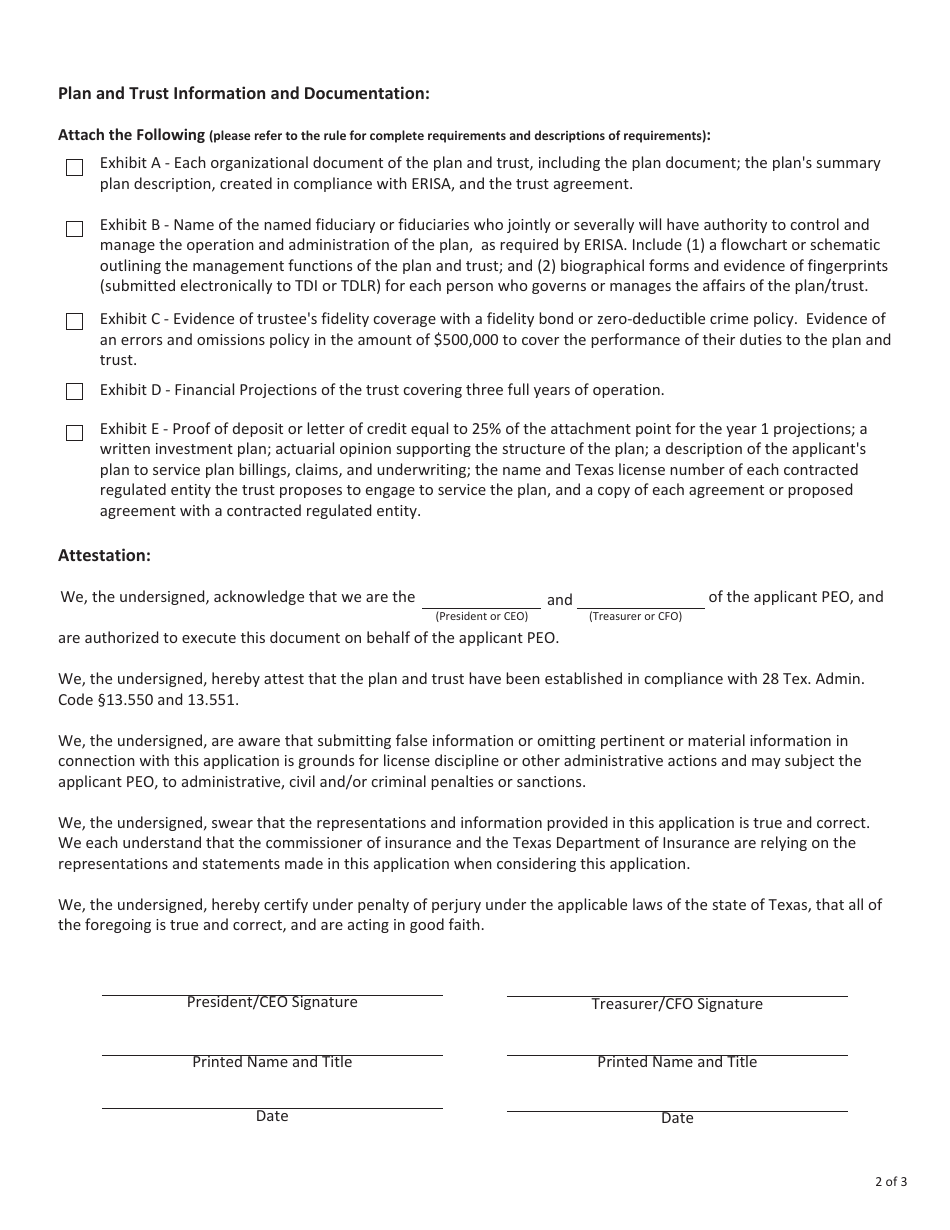 Form FIN412 Professional Employer Organization Application for a Certificate of Approval to Sponsor a Client Employer Health Benefit Plan - Texas, Page 2