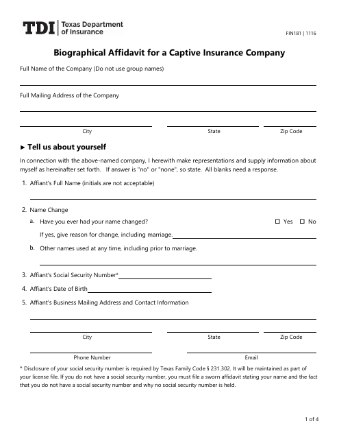 Form FIN181 Biographical Affidavit for a Captive Insurance Company - Texas