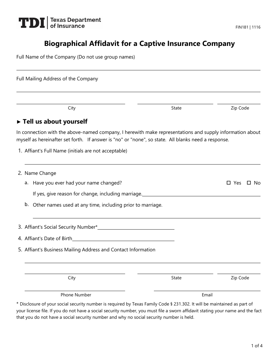 Form FIN181 Biographical Affidavit for a Captive Insurance Company - Texas, Page 1