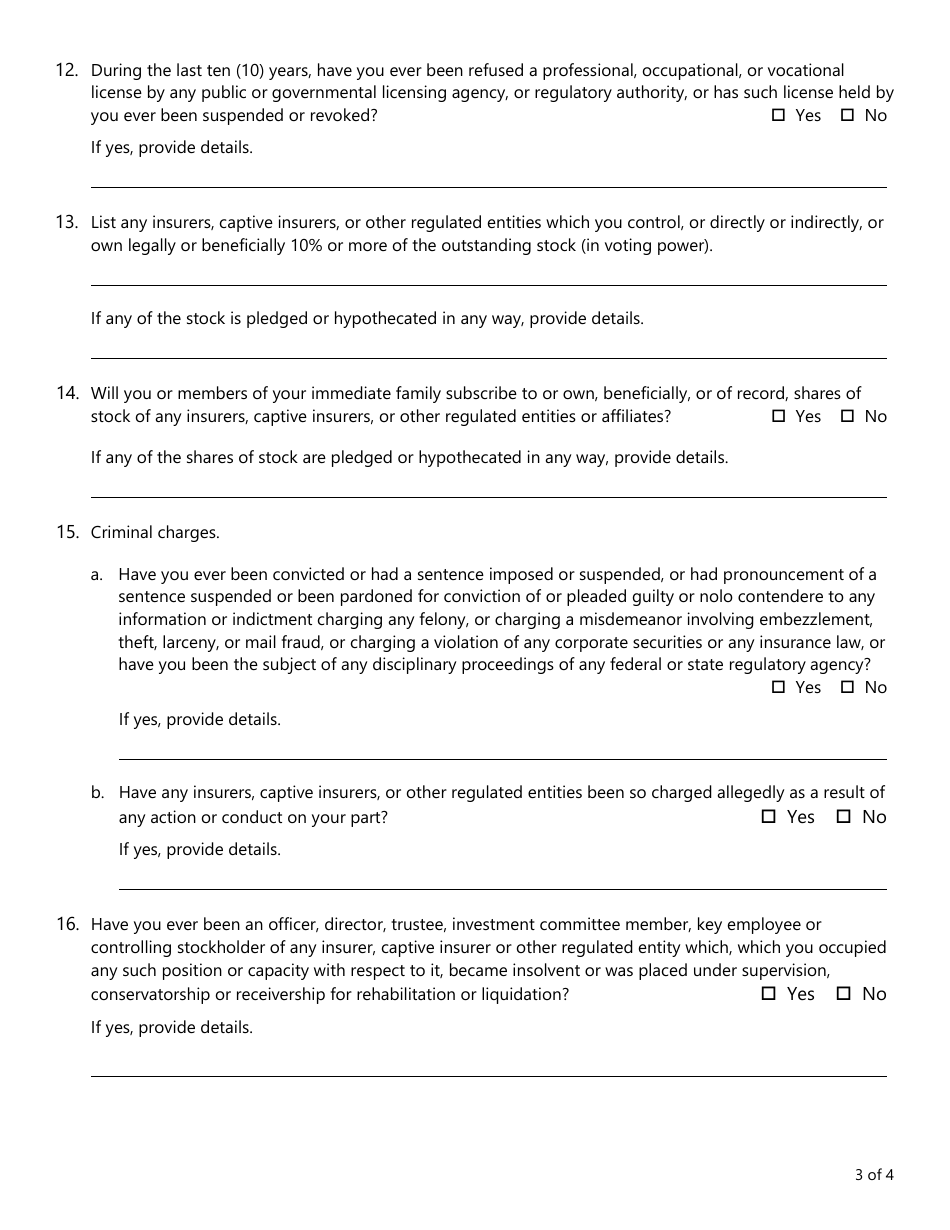 Form FIN181 Biographical Affidavit for a Captive Insurance Company - Texas, Page 3