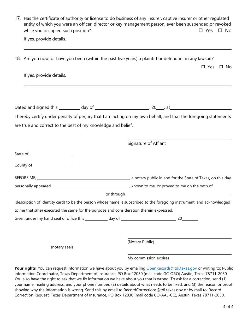 Form FIN181 Biographical Affidavit for a Captive Insurance Company - Texas, Page 4