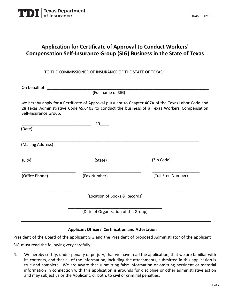 Form FIN465 Application for Certificate of Approval to Conduct Workers Compensation Self-insurance Group (Sig) Business in the State of Texas - Texas, Page 1