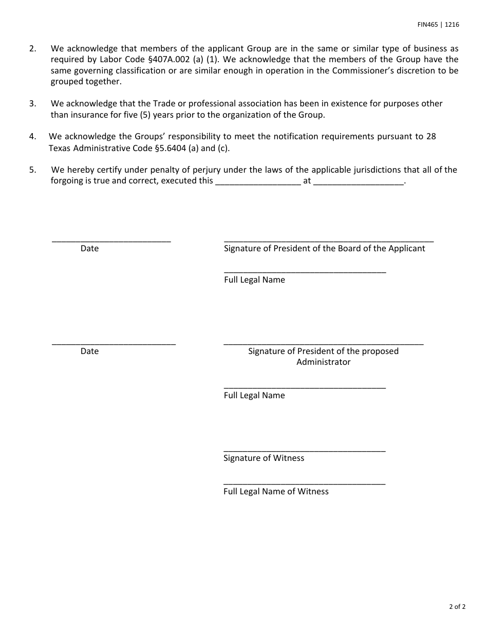 Form FIN465 Application for Certificate of Approval to Conduct Workers Compensation Self-insurance Group (Sig) Business in the State of Texas - Texas, Page 2