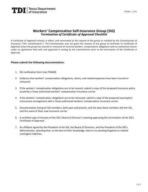 Form FIN469 Workers' Compensation Self-insurance Group (Sig) Termination of Certificate of Approval Checklist - Texas