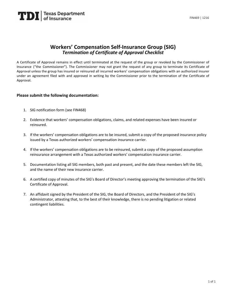 Form FIN469 Workers Compensation Self-insurance Group (Sig) Termination of Certificate of Approval Checklist - Texas, Page 1