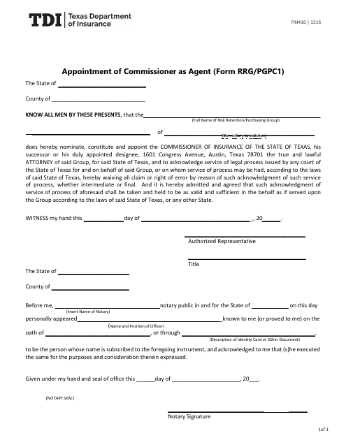 Form FIN416 (RRG/PGPC1) Appointment of Commissioner as Agent - Texas